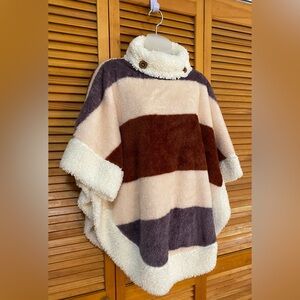 NWOT Fuzzy, striped poncho with buttons
